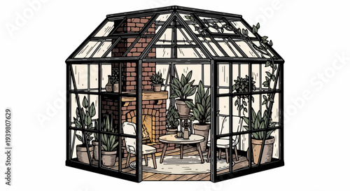 Octagonal greenhouse dining area with fireplace and potted plants illustration
