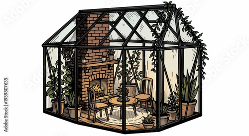 Small glasshouse seating area with fireplace table and chairs illustration