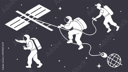 Astronauts Repairing Satellite in Space for Global Communication Network Installation and Future Technology Development