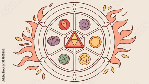 Mystical Elemental Magic Circle with Six Gems and Central Power Symbol for Game UI Design and Fantasy Projects