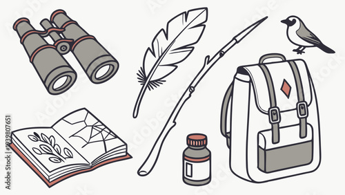 Birdwatching Adventure Gear Collection Binoculars Feather Backpack for Nature Exploration and Outdoor Study Illustration (149 characters)