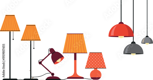 Modern Lamp and Lighting Icon Set Featuring Table Lamps, Floor Lamps, Pendant Lights, and Decorative Lighting in Bright Colors