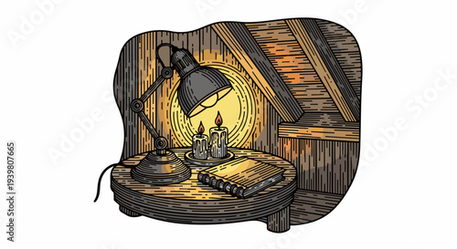 Attic desk with adjustable lamp two candles and closed book illustration