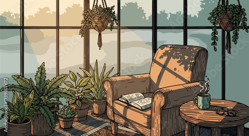 Sunroom armchair with potted plants side table mug and book illustration