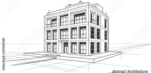 Professional architectural sketch of a three-story modern mid-rise building featuring a rhythmic window grid, inset balconies, and clean rectilinear geometry.