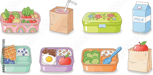 Lunch Box and Healthy Meal Prep Icon Set Featuring Bento Boxes, Drinks, Snacks, Fruits, and Nutritious Food in Colorful Design