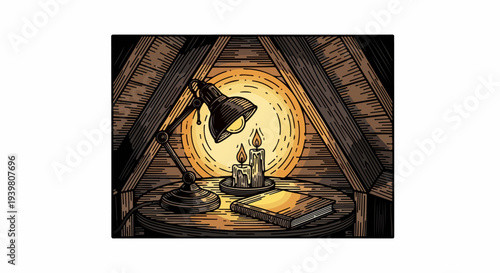 Triangular attic interior with desk lamp candles and closed book illustration