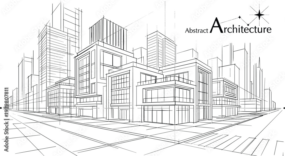 Fototapeta premium Professional black vector architecture wireframe of modern luxury villa at city intersection with dense downtown skyscraper skyline