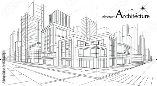 Professional black vector architecture wireframe of modern luxury villa at city intersection with dense downtown skyscraper skyline