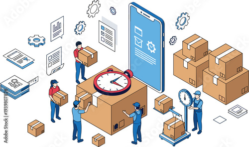 Isometric logistics and delivery service concept with warehouse workers packing cardboard boxes using mobile app for fast shipping and distribution global transportation
