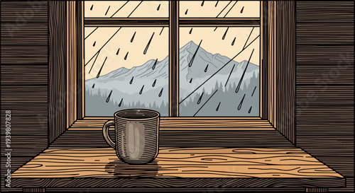 Coffee mug on wooden windowsill with rain and mountain landscape