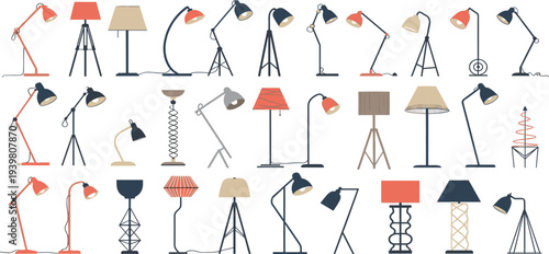 Stylish and Modern Lamp Icon Set Featuring Desk Lamps, Floor Lamps, Unique Light Fixtures, and Creative Lighting Designs in Vibrant and Neutral Colors