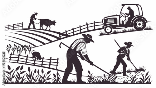 Diverse Farmers Working Land with Tractor and Oxen Illustrating Agriculture, Farming, and Rural Livelihood Growth