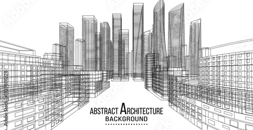 Professional black vector architecture wireframe of metropolitan downtown skyline with dense urban blocks and curved modern skyscrapers