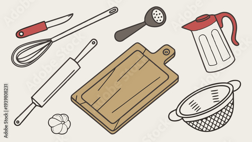 Baking Utensils Set Rolling Pin Whisk Cutting Board for Cooking Blog Design or Recipe Book Illustration