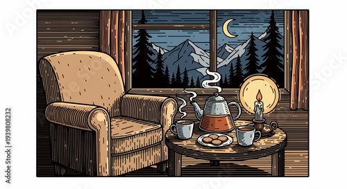 Armchair with kettle cups cookies and candle near large night window in wood cabin