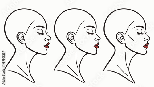 Profile Side View Progression of Bald Woman's Face Showing Aging Skin Tightening for Beauty Health Spa Advertising