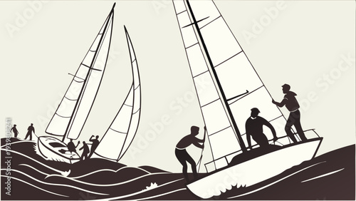 Dynamic Sailboat Race with Crew Battling Rough Waves for Adventure Travel or Teamwork Success Imagery