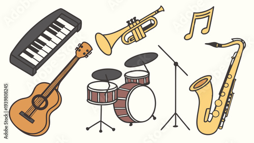 Jazz Band Instruments Collection Keyboard Guitar Drums Trumpet Saxophone for Music Education Promotion Website Design