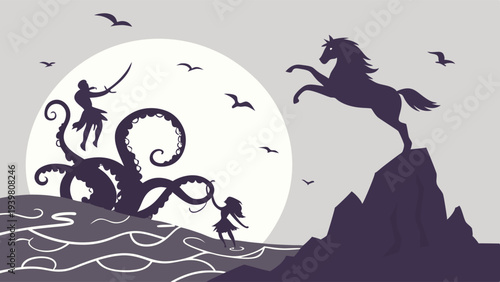 Epic Sea Battle Silhouette Against Moon with Pirate Fighting Kraken and Rearing Horse for Adventure Storytelling Web Design