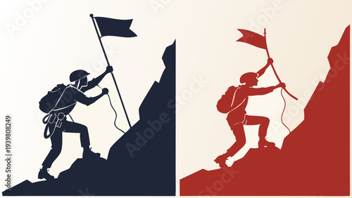 Mountain Climbers Reaching Summit Flag Victory Goal Achievement Success for Career Growth and Challenge Overcoming