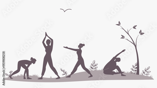 Outdoor Yoga Poses Silhouette for Wellness Website Banner Fitness Class Promotion Mindful Exercise for Health Lifestyle Design