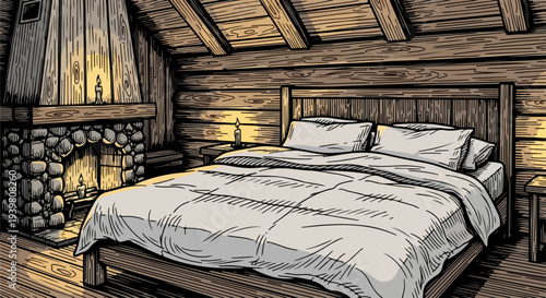 Attic cabin bedroom with fireplace bed candles and sloped timber ceiling