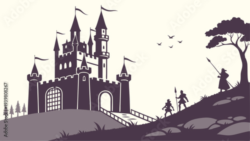 Fantasy Medieval Castle Silhouette with Armed Guards Approaching on Hill for Epic Adventure Game Design or Historical Book Cover Illustration