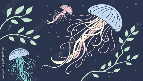 Elegant Jellyfish Swimming Underwater Ocean Life Illustration for Nautical Decor Website Design Background