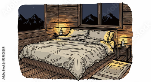 Rustic cabin bedroom with double bed candles and mountain view windows illustration