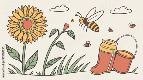 Cheerful Summer Garden Scene with Sunflower Bee Pollinating Flowers for Spring Gardening Projects and Honey Production