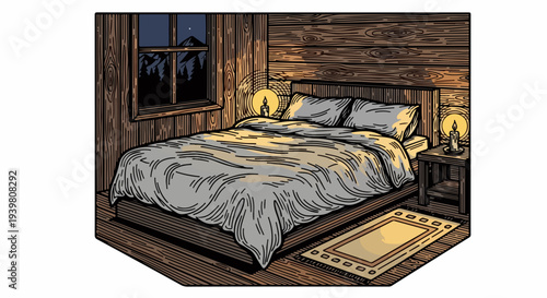 Wooden cabin bedroom with bed night window candles and bedside table
