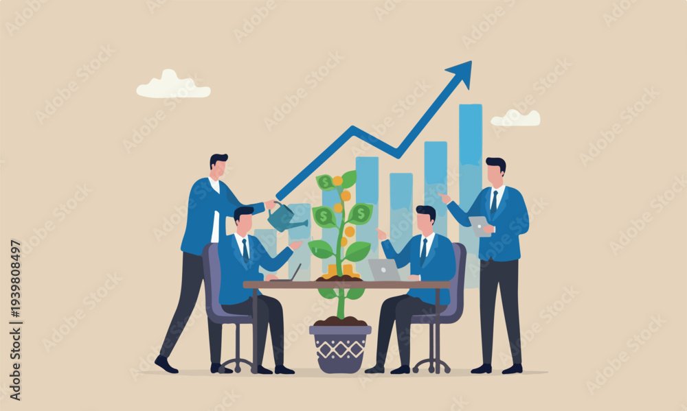 Fototapeta premium Dividends together investing, income growth concept, businessman investor watering growth dollar money plant.