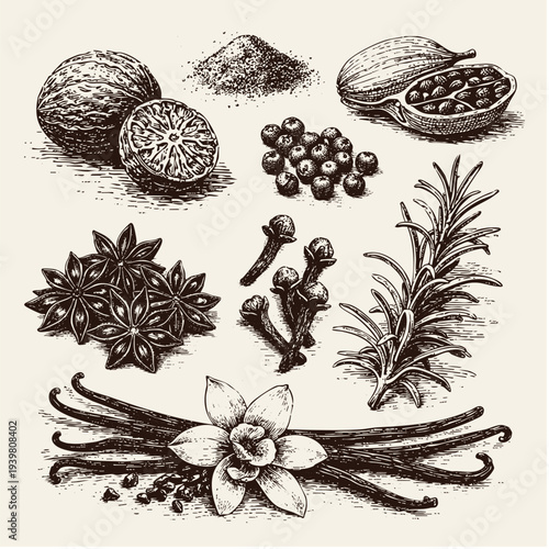 Vintage woodcut illustration set of culinary spices and herbs