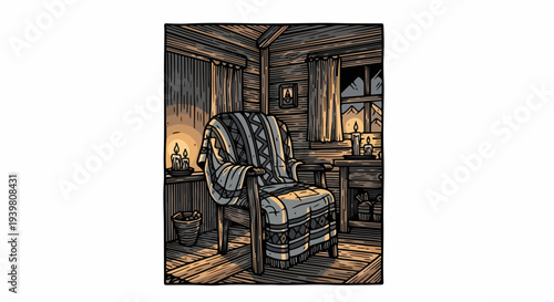Cabin reading corner with armchair candles and side table by window illustration