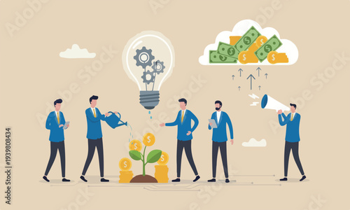 Monetize,meeting together earn money thinking, startup or fund raising concept, smart business watering on growing money coin seedling plant from lightbulb idea.