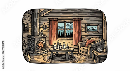 Cabin living room with wood stove candle group round table and armchair illustration