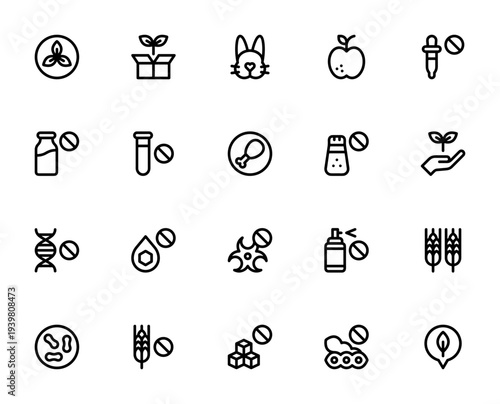 Real food icon set. Organic, sustainable, gluten free, dairy free vector symbols. Healthy lifestyle, paleo, no gmo, cruelty free, non toxic icons pack. Editable stroke.