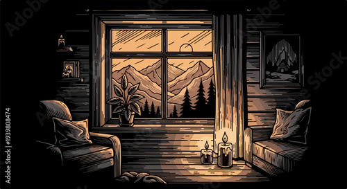 Dark cabin room with mountain window, two sofas and candles illustration