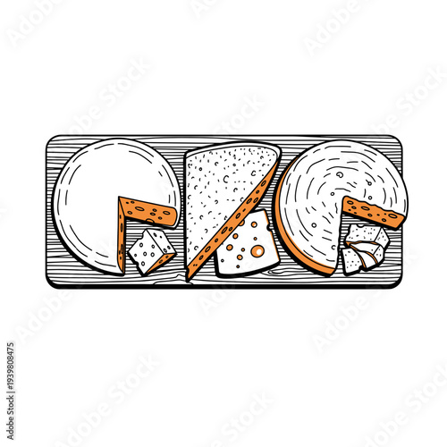 Three types of cheese on wooden board dairy assortment. View from above,  illustration