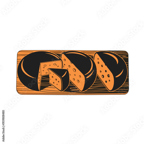 Cheese heads cut into large pieces on a wooden cutting board. Illustration of gourmet dairy products in black and orange