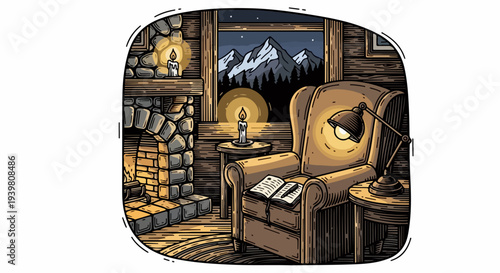 Stone fireplace with armchair, lamp and open notebook near mountain window at night illustration