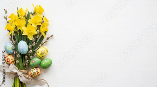 Żółte żonkile, bazie, bukszpan i pisanki jako symbole Wielkanocne. Z prawej strony dużo miejsca na tekst.