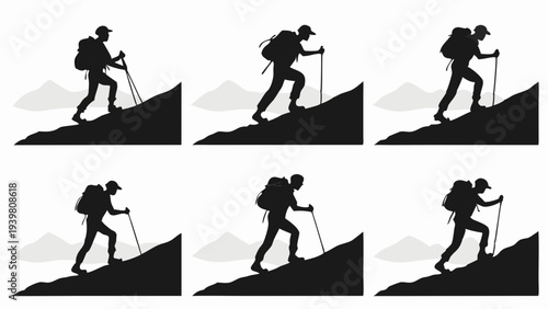 Silhouettes of Hiker with Backpack and Poles Ascending Steep Mountain Slope for Fitness Goals and Outdoor Adventure Travel
