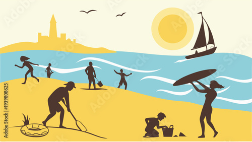 Summer Beach Vacation Fun Silhouettes Sailing Surfing Sandcastles Family Relaxation Seaside Holiday Travel Tourism Background