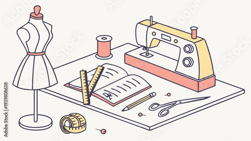 Sewing Workshop Flat Lay with Dress Form Measuring Tape and Sewing Machine for Fashion Design Projects