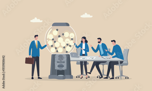 Business ideas innovation light bulb symbol concept, smart businessman with a lot of ideas standing with gumball machine with abundance of lightbulb ideas