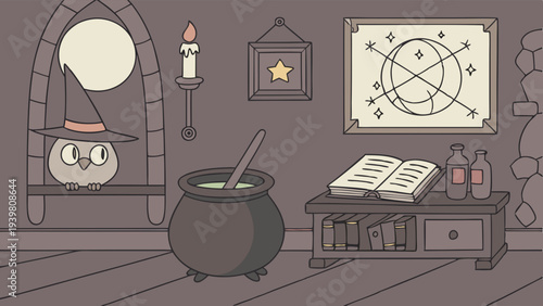Cozy Witch Owl Brewing Potion in Cauldron for Halloween Magic Spell Book Illustration for Fantasy Web Design