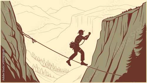 Adventurous Climber Slacklining Across Deep Mountain Chasm Demonstrates Balance Risk Taking for Success and Overcoming Challenges