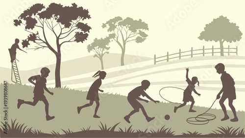Vintage Silhouette Children Playing Outdoors Joyfully Running Hooping and Climbing Trees for Childhood Education or Nostalgia Design